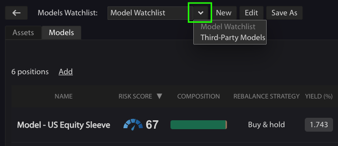 Switching between model watchlists in Kwanti. The dropdown arrow next to the Models Watchlist field is highlighted, and the list is open. It shows two watchlists: Model Watchlist, which is grayed out because it's the one currently selected, and Third-Party Models. Selecting a name from the list opens that watchlist. The New, Edit, and Save As buttons sit to the right of the dropdown, and the Model Watchlist grid, with the Models tab selected, is visible below.