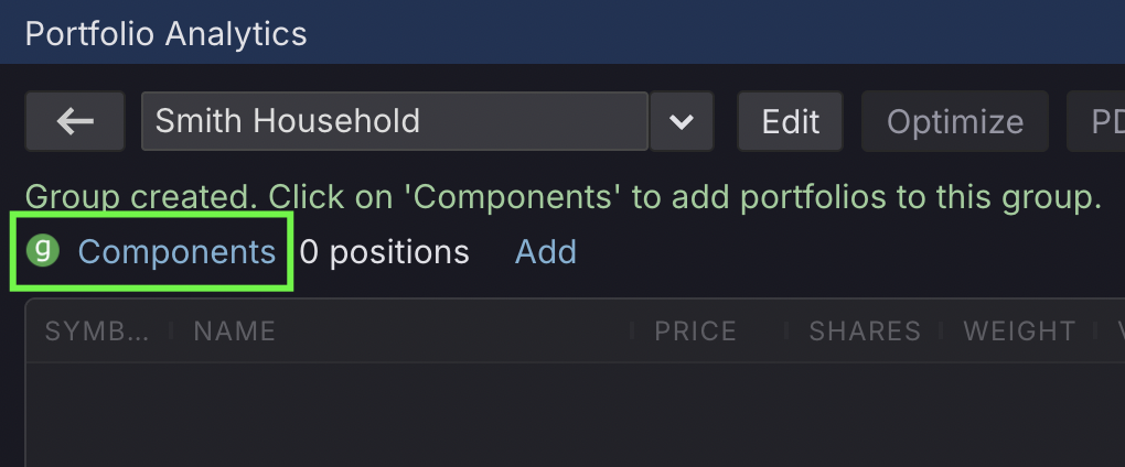A newly created household group in Kwanti, with the Components link highlighted for adding portfolios to the group.