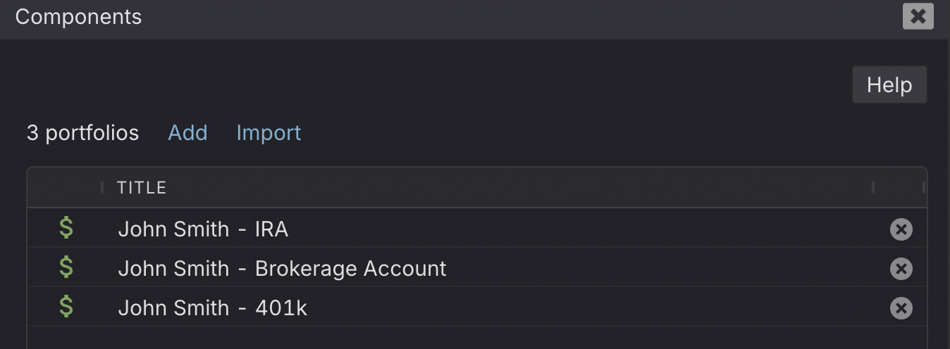 Components dialog in Kwanti listing the real portfolios in a household group, with Add and Import links for adding portfolios and an X beside each one for removing it.
