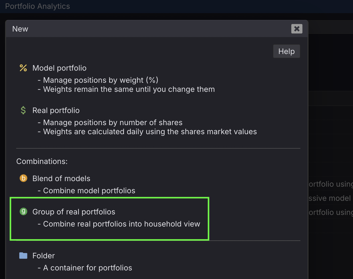 New dialog in Kwanti's Portfolio Analytics, with the Group of real portfolios option highlighted for combining real portfolios into a household view.