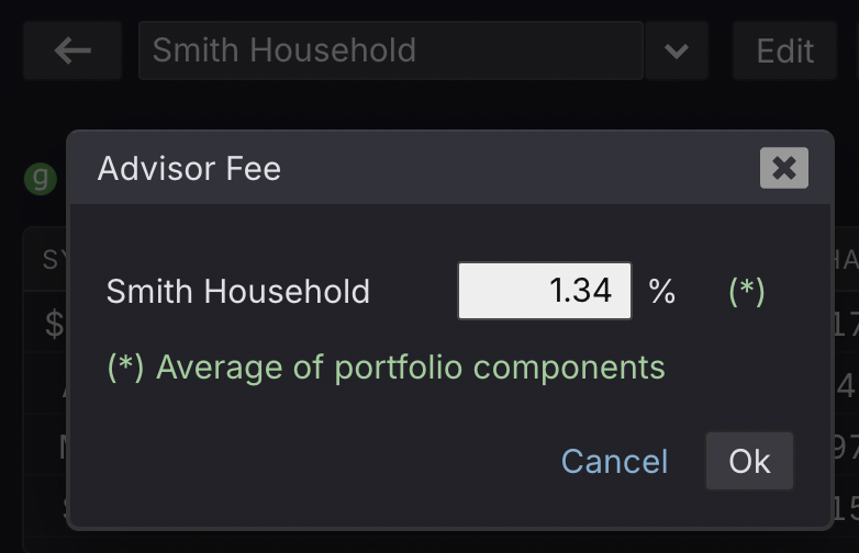 Advisor Fee dialog for a household group in Kwanti, where the fee defaults to the average of its component portfolios' fees and can be edited.