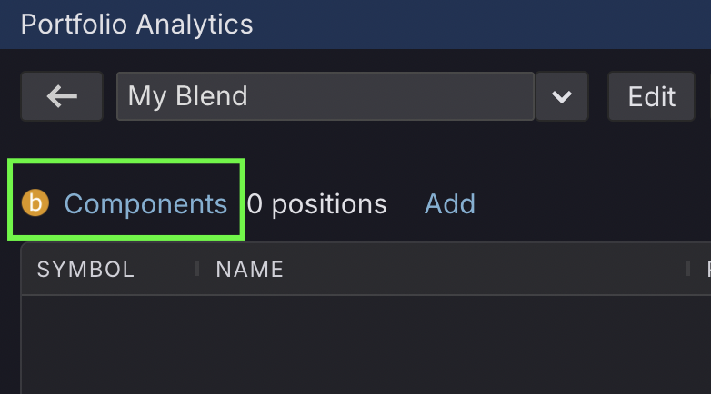 A newly created blend in Kwanti, with the Components link highlighted for adding model portfolios to the blend.
