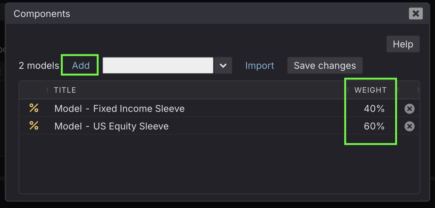 Components dialog for a blend in Kwanti, with the Add link for adding model portfolios and the Weight column for setting each model's share of the blend, saved with the Save changes button.