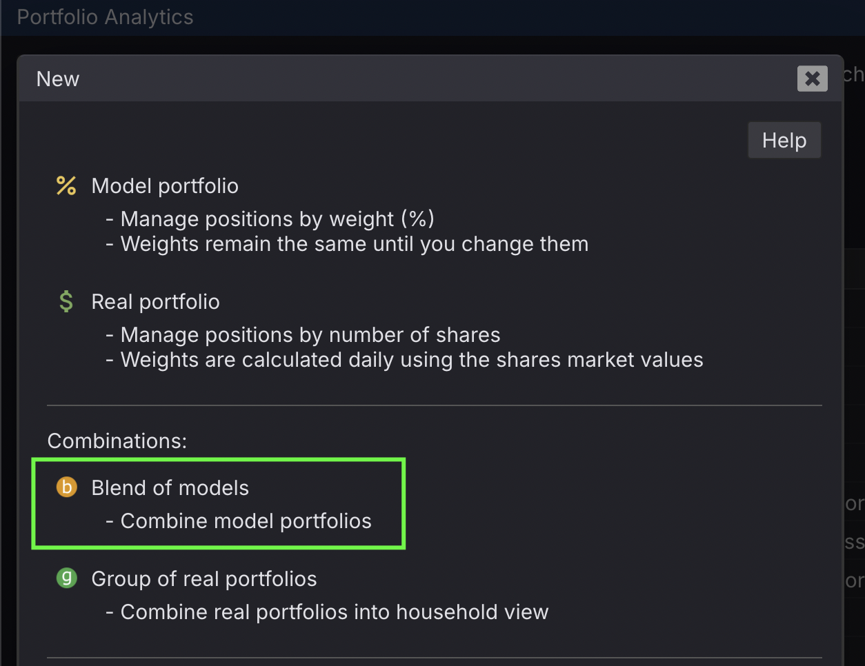 New dialog in Kwanti's Portfolio Analytics, with the Blend of models option highlighted for combining model portfolios.