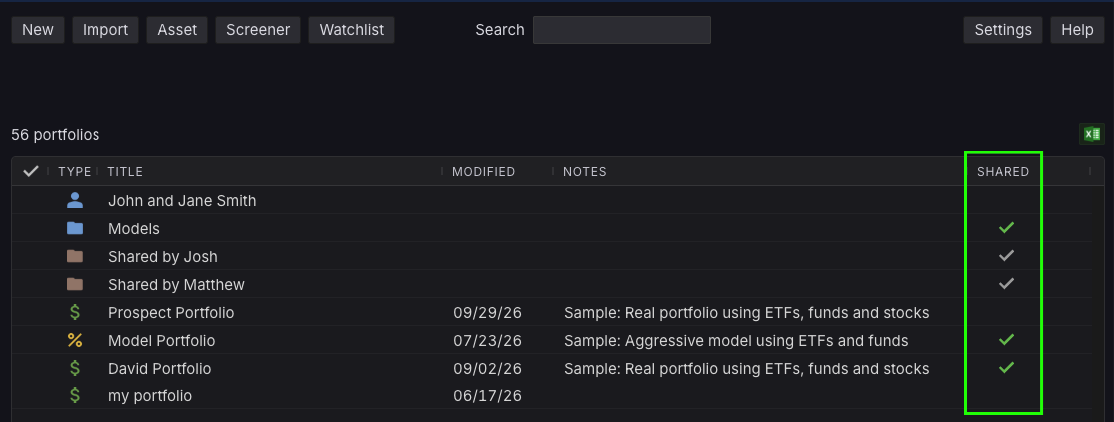 Kwanti’s portfolio list with the Shared column highlighted, where a checkmark shows which portfolios and folders are shared.