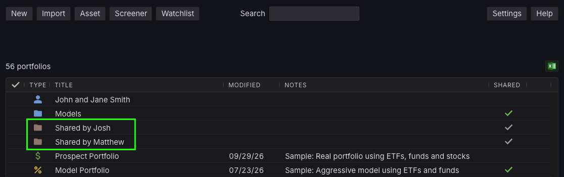 Kwanti’s portfolio list with the “Shared by Josh” and “Shared by Matthew” folders highlighted, which hold portfolios other users have shared with you.