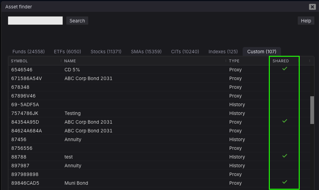 Custom tab of Kwanti’s Asset finder with the Shared column highlighted, where a checkmark shows which custom assets are shared.