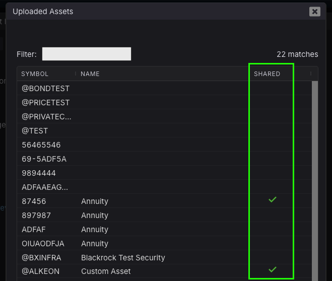Uploaded Assets list in Kwanti, with the Shared column highlighted, where a checkmark shows which uploaded assets are shared.
