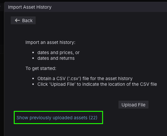 Import Asset History dialog in Kwanti, with the Show previously uploaded assets link highlighted for viewing assets you’ve already imported.